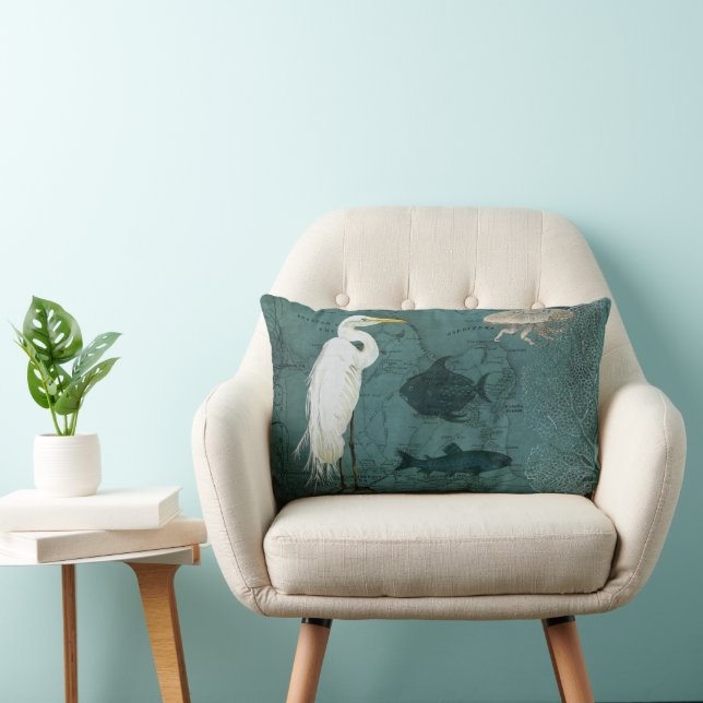 Beach Birds Nautical Ocean Map Watercolor Heron Lumbar Pillow (Chair)
