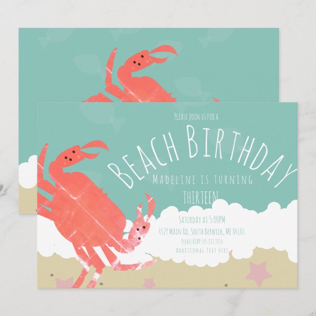 Beach Birthday Crab Sand Ocean Waves Invitation (Front/Back)