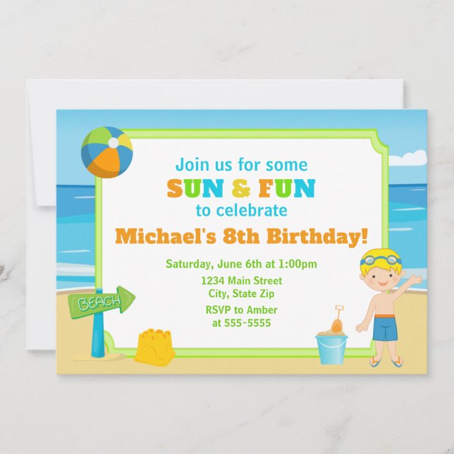 Beach Birthday Invitation Beach Party Boy (Front)