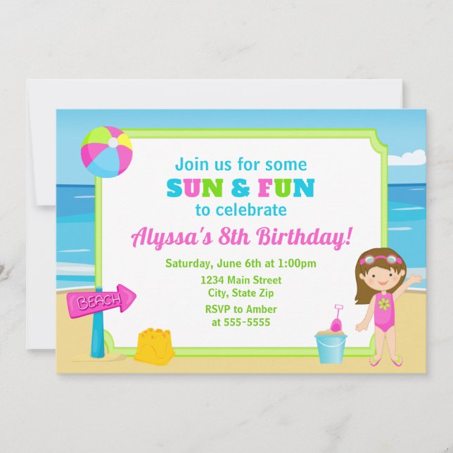 Beach Birthday Invitation Beach Party Girl (Front)