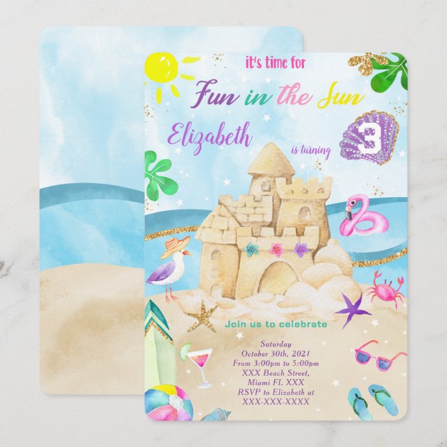 Beach Birthday Invitations (Front/Back)