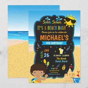 Beach Birthday Party Pool Boy Summer Dark Skin Invitation
