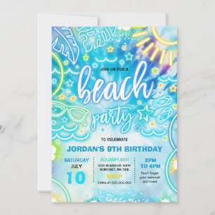Beach Birthday Party Summer Beach Tie Dye Glow  Invitation