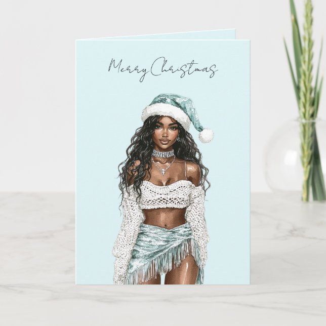 Beach Black Hair Lady Christmas   Card (Front)