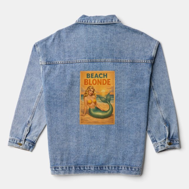 Beach Blonde Pin-Up Mermaid | Retro Coastal Life Denim Jacket (Back)