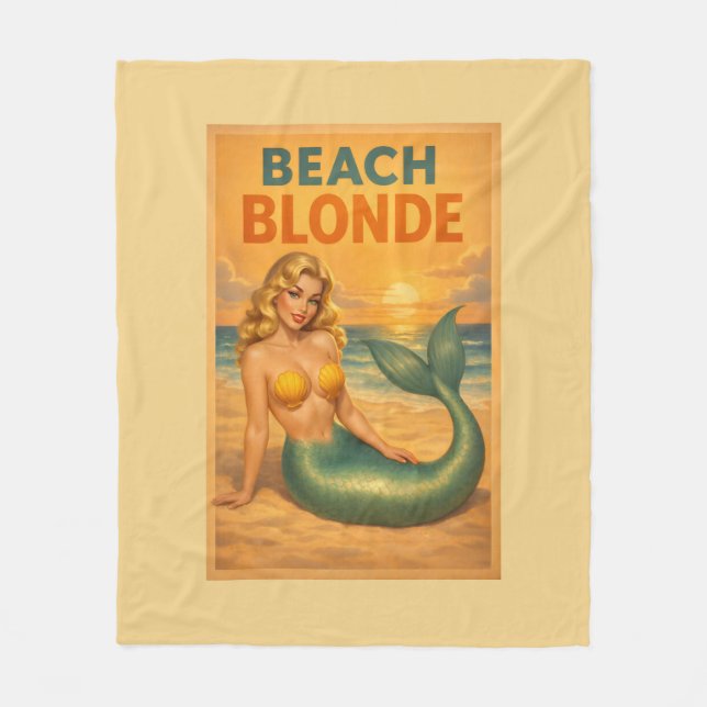 Beach Blonde Pin-Up Mermaid - Yellow Retro Coastal Fleece Blanket (Front)