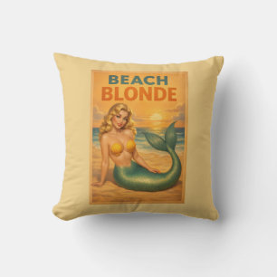 Beach Blonde Pin-Up Mermaid   Yellow Retro Coastal Throw Pillow