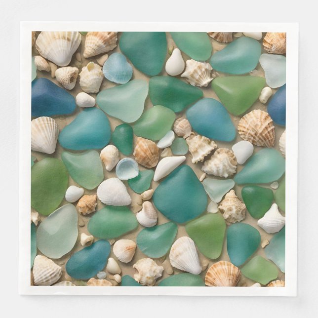 Beach Blue and Green Sea Glass and Seashells Napkin (Front)