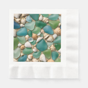 Beach Blue and Green Sea Glass and Seashells Napkin