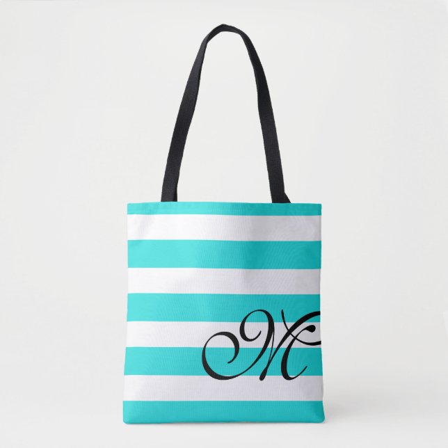Beach Blue Aqua & White Stripes Monogram Tote Bag (Front)