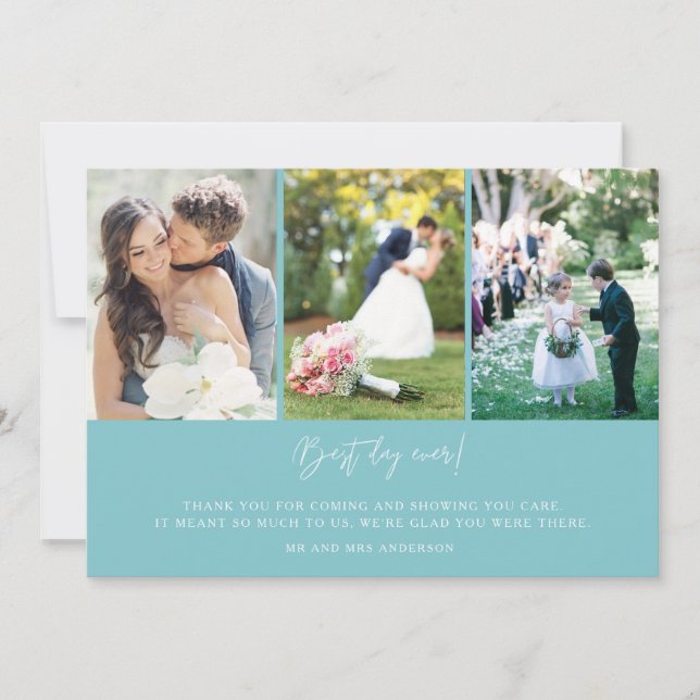 Beach Blue Best Day Ever Photo Wedding Thank You Card (Front)