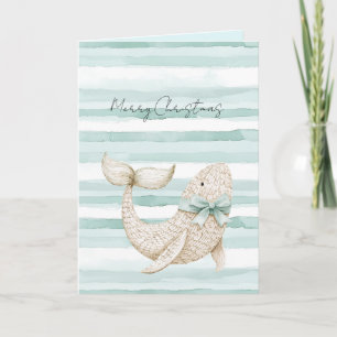 Beach Blue Coastal White Whale Christmas   Card