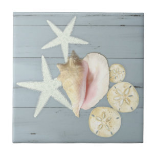 Beach Blue Cottage Starfish Sanddollar Conch Shell Tile
