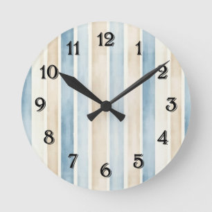 Beach Blue Cream Stripes   Round Clock