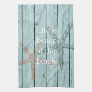 Beach Blue Faux Wood Starfish  Kitchen Towel