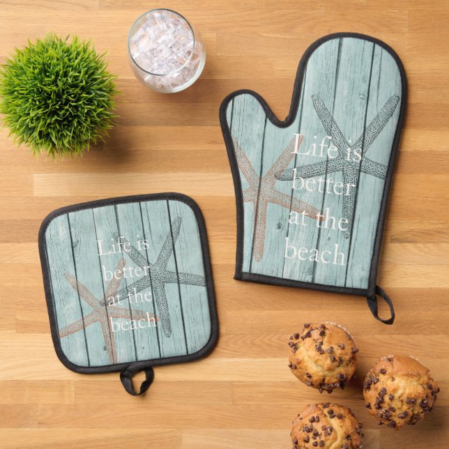 Beach Blue Faux Wood Starfish  Oven Mitt & Pot Holder Set (Top Down)