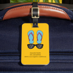 Beach Blue Flip Flops and Black Sunglasses Luggage Tag