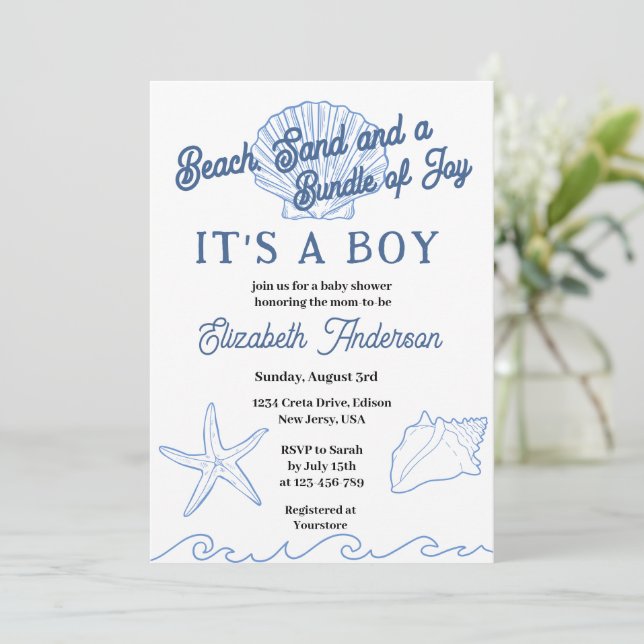 Beach Blue Ocean Baby Boy Shower Invitation (Standing Front)