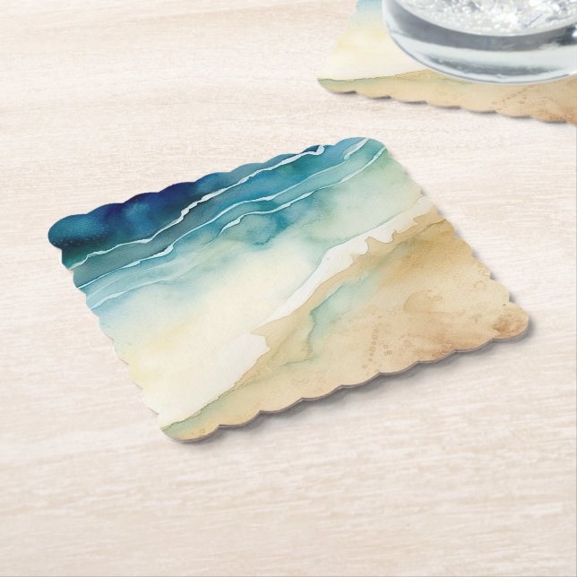 Beach Blue Ocean Sand Wedding Paper Coaster (Angled)