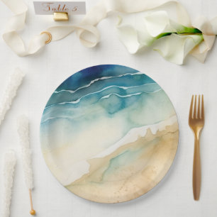 Beach Blue Ocean Sand Wedding Paper Plate