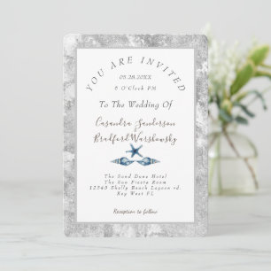 Beach Blue Seashell Silver Gray Elegant Wedding Invitation
