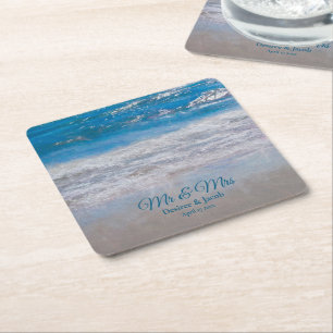 Beach Blue Tropical Ocean Waves Coastal Wedding Square Paper Coaster