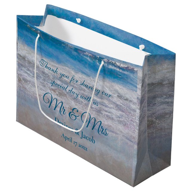 Beach Blue Tropical Wedding Coastal Ocean Waves Large Gift Bag (Front Angled)