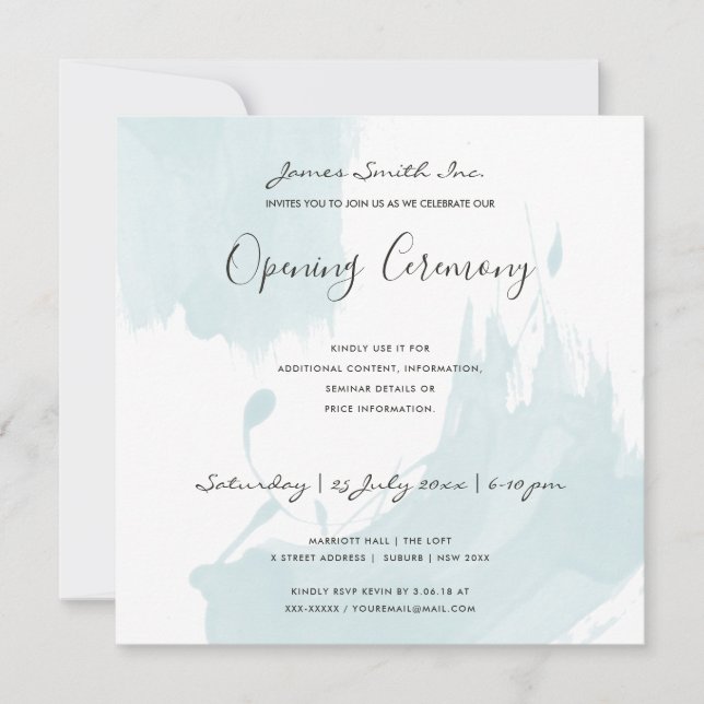 BEACH BLUE WATERCOLOR BRUSHSTROKE OPENING CEREMONY INVITATION (Front)