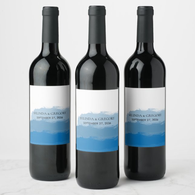 Beach Blue Watercolor Wedding Wine Label (Bottles)