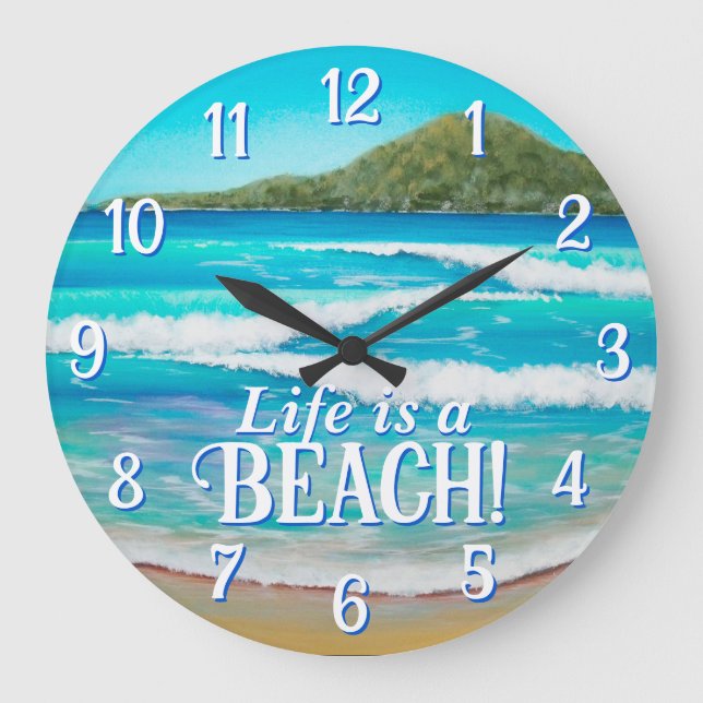 Beach Blue Waves Painting Typography Large Clock (Front)