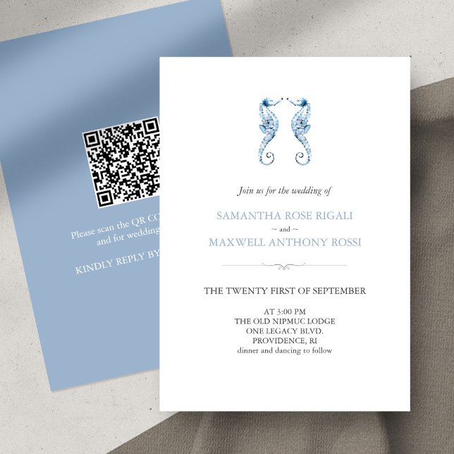Beach Blue Wedding Invitation with QR Code (beach wedding dusty blue watercolor seahorse QR code invitations unique art by Victoria Grigaliunas )