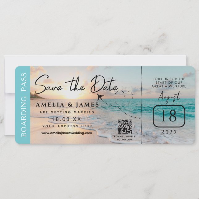 Beach Boarding Pass Save the Date wedding Invitation (Front)