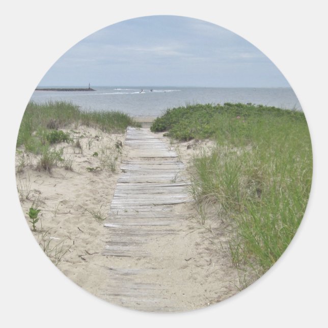Beach boardwalk photo classic round sticker (Front)