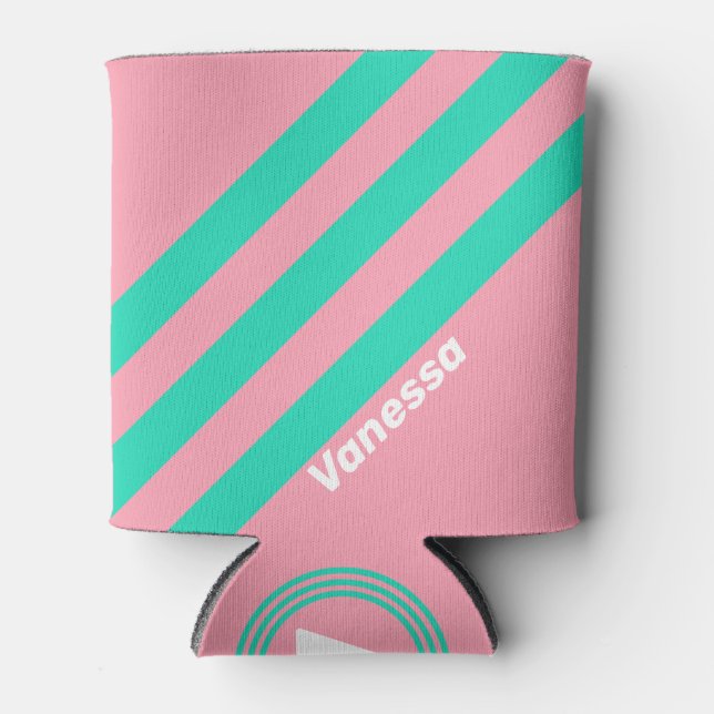 Beach Breeze Nostalgic Stripes with Name Can Cooler (Front)