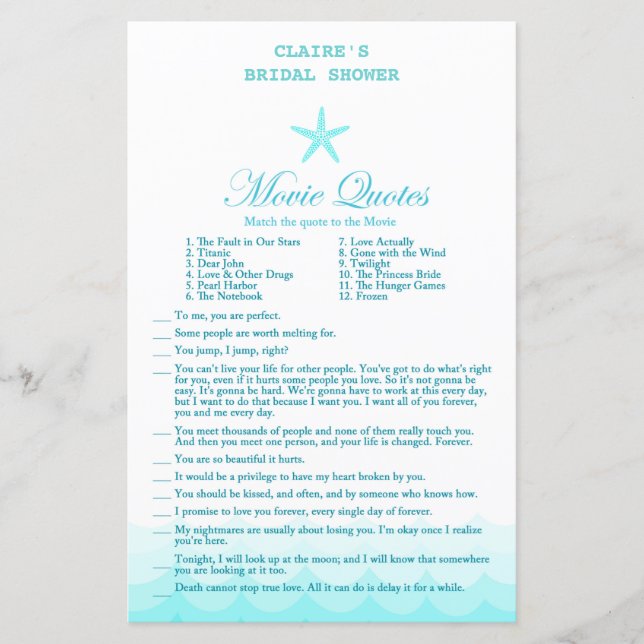 Beach Bridal Shower Game, Nautical, Mermaid (Front)