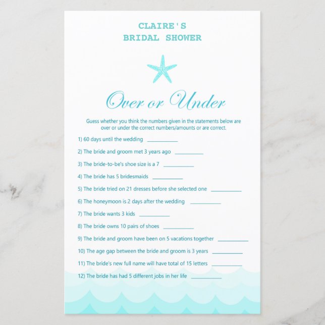 Beach Bridal Shower Game, Nautical, Mermaid (Front)