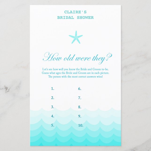 Beach Bridal Shower Game, Nautical, Mermaid (Front)