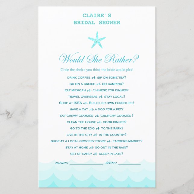 Beach Bridal Shower Game, Nautical, Mermaid (Front)