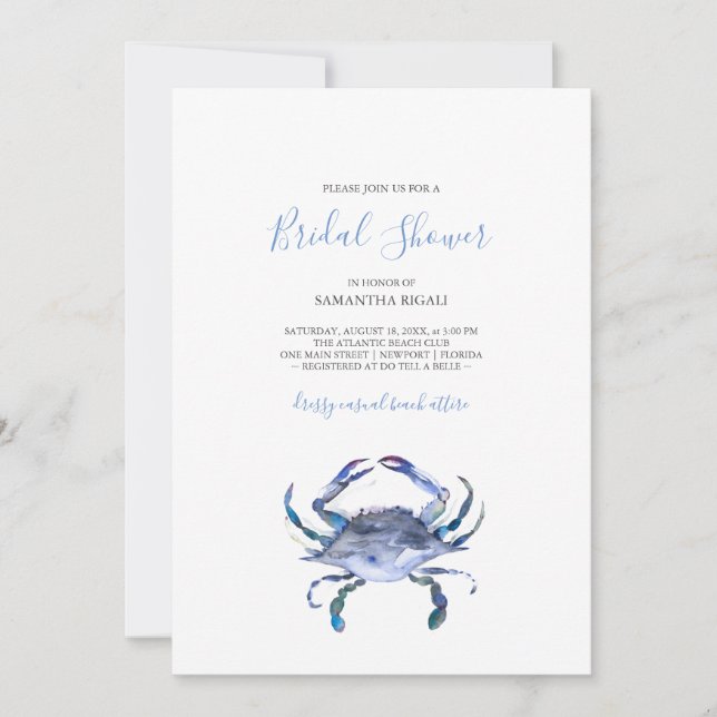 Beach Bridal Shower Invitations Watercolor Crab (Front)