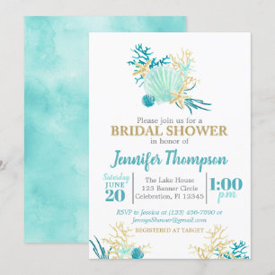 Beach Bridal Shower Teal and Gold Watercolor Invitation
