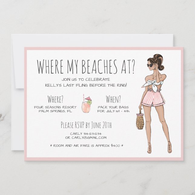 Beach Bride Bachelorette Party Weekend Itinerary   Invitation (Front)