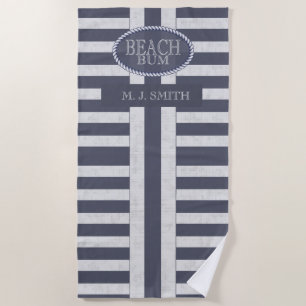 Beach Bum Bold Nautical Stripes and Name Beach Towel