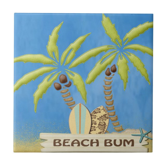 Beach Bum,  Palm Trees and Surfboards Tile (Front)