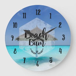 Beach Bum Typography - Umbrella on Tropical Beach Large Clock