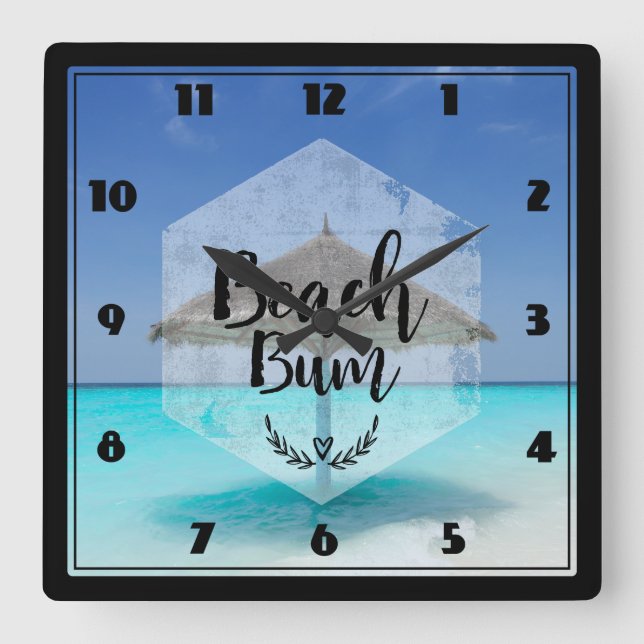 Beach Bum Typography - Umbrella on Tropical Beach Square Wall Clock (Front)