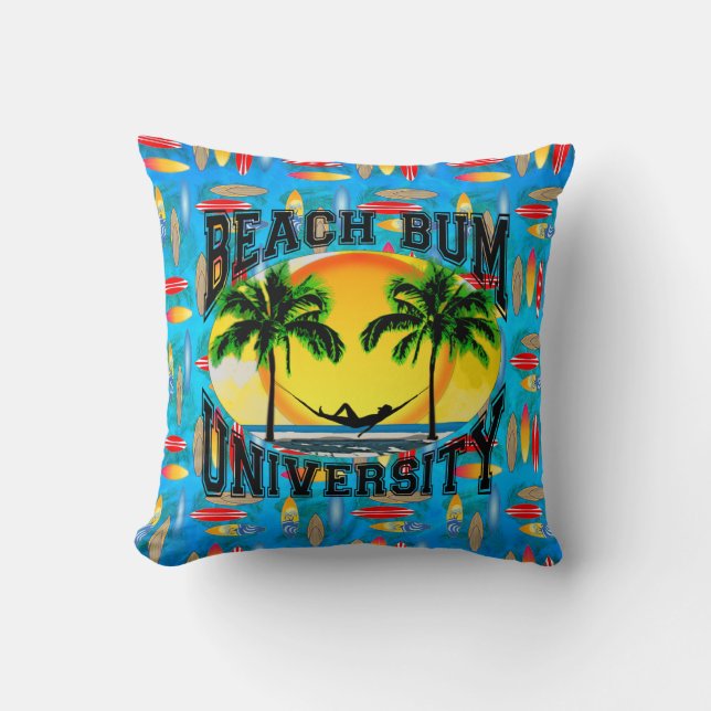 Beach Bum University Throw Pillow (Front)