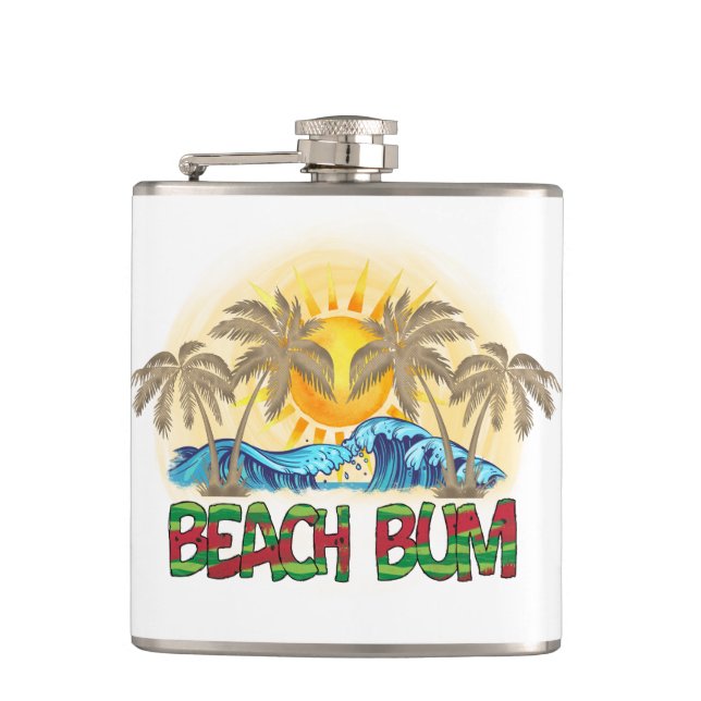 Beach Bum | Watermelon, Ocean Waves & Tropical Sun Hip Flask (Front)
