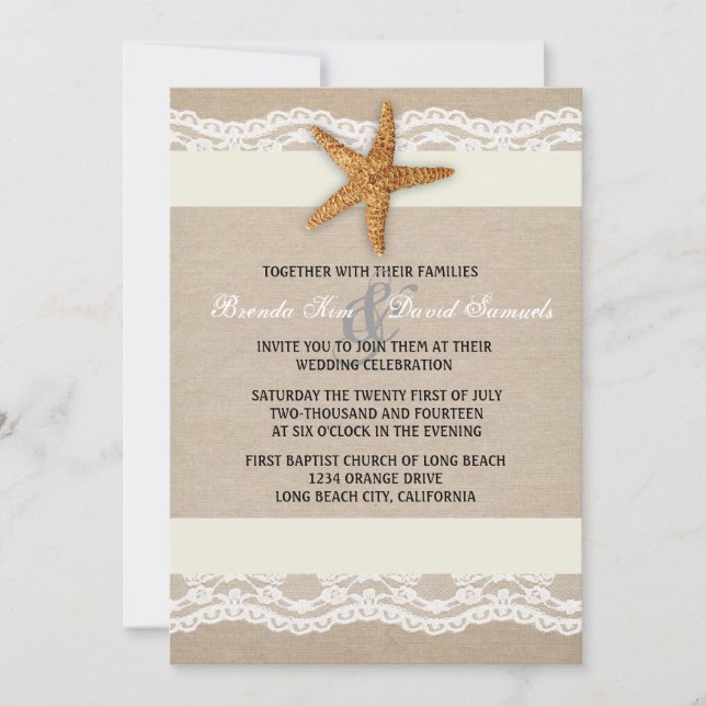 Beach Burlap Lace Wedding Invitation (Front)