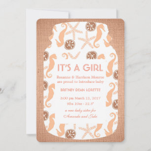 Beach Burlap Mason Jar Baby Girl Announcement