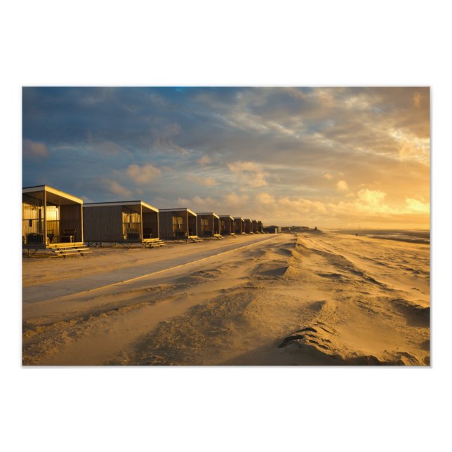 Beach cabins at sunset at the dutch coast photo print (Front)